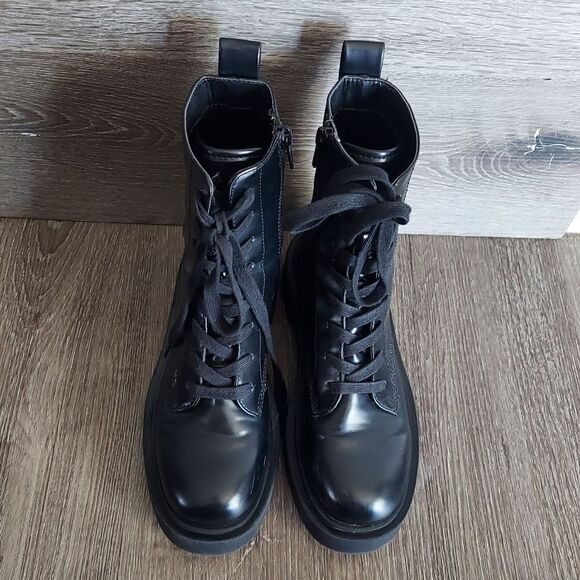 H&M Black Faux Leather Combat Style Lace Up/ Zip Platform Boots Sz 5 (37 EU) - Picture 3 of 9